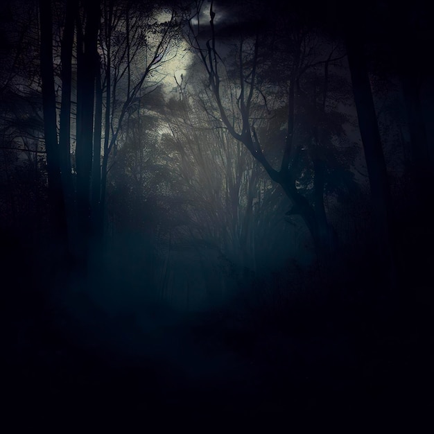 Floresta escura e sombria Noite na floresta Escena da natureza com floresta e luz da lua Vista noturna da floresta Natura névoa fumaça fumaça