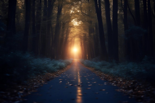 Foto floresta estrada floresta noturna floresta fada foco seletivo gerado por ia