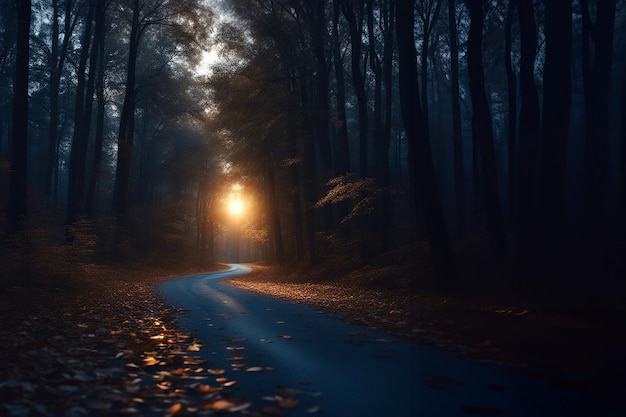 Foto floresta estrada floresta noturna floresta fada foco seletivo gerado por ia