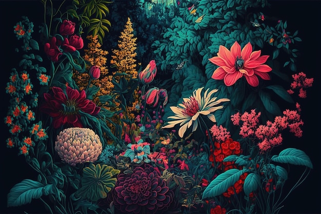 Floresta exuberante belas flores maximalismo Grandes flores brilhantes e plantas na renderização 3d da floresta tropical