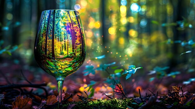 Foto floresta fantástica num copo de vinho