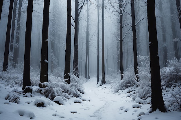 Floresta fria de neve escura e assustadora