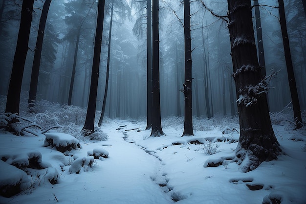 Floresta fria de neve escura e assustadora