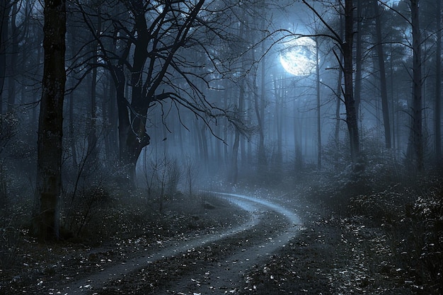 floresta iluminada pela lua com um caminho sinuoso que leva para o horizonte