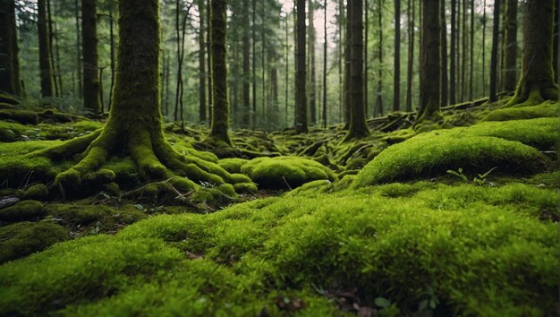 Floresta linda e pacífica com cobertura de musgo verde