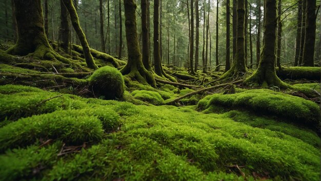 Floresta linda e pacífica com cobertura de musgo verde