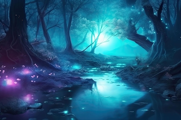 Floresta mágica à noite Fungos bioluminescentes e flores brilhantes Generative AI