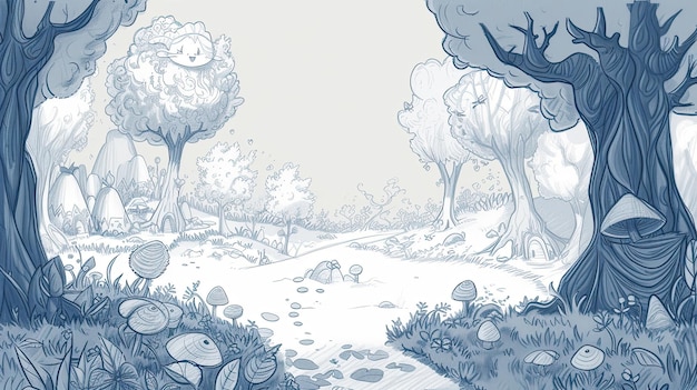 Floresta mágica Abstract doodle Cartoon conto de fadas fantasia árvore cogumelos natureza matas taiga abeto limpar lenha borda campo bosque animais pinheiro ar vegetação gerado por AI