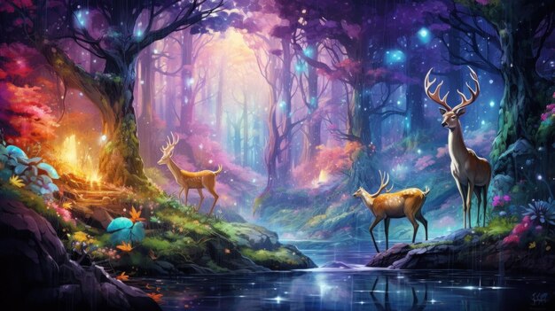 Floresta mágica colorida com cervos imagem gerada por IA de fantasia animal