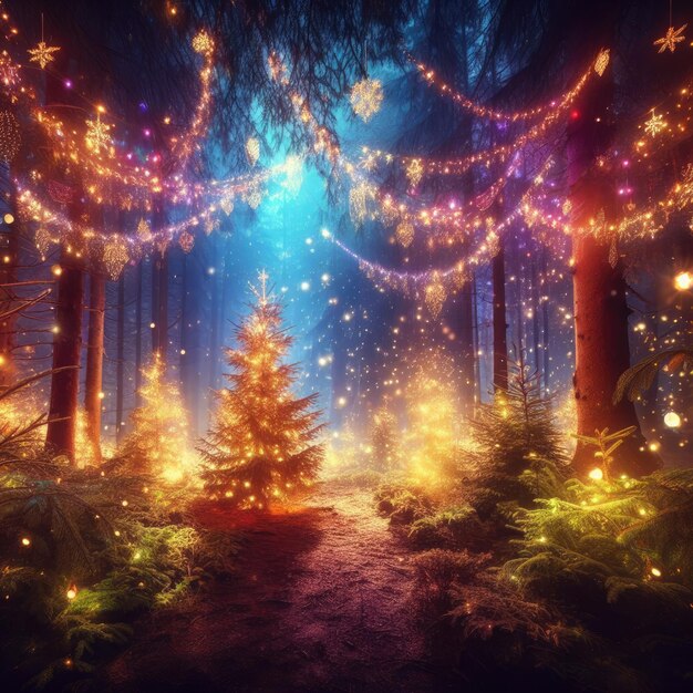 Floresta mágica com árvores de Natal e luzes brilhantes