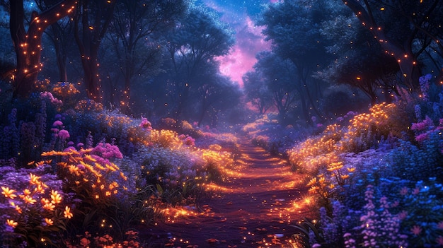 Floresta mágica com flores luminosas e caminho de néon plantas brilhantes e luzes no país das maravilhas belos bosques de contos de fadas escuros conceito de fantasia noite natureza país das maravilha arte mistério
