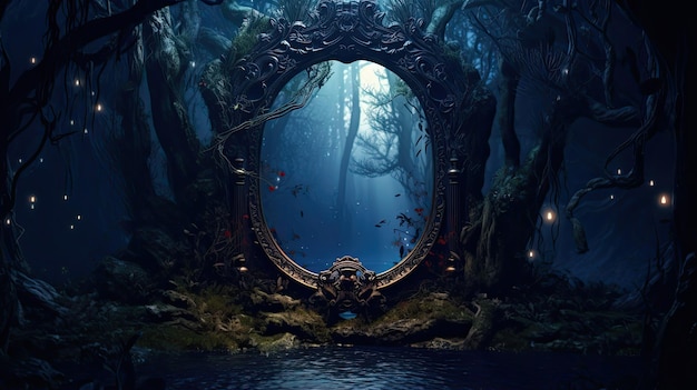 Floresta mágica com portal de espelho misterioso para outro mundo de fantasia de noite escura