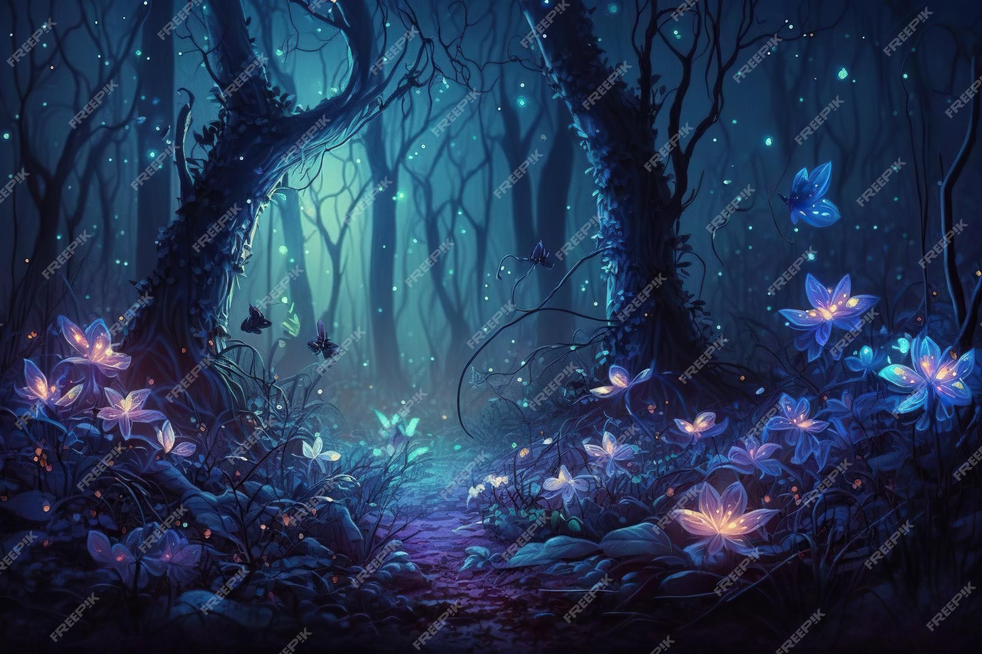 Ambiente de fantasia de uma floresta mágica no estilo de arte anime