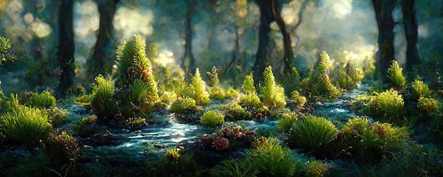 Floresta mágica de conto de fadas com lago em estilo fantasia