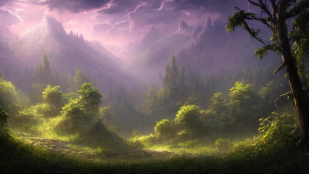 Floresta mágica de conto de fadas de fantasia luz da noite ensolarada através dos galhos das árvores Árvores mágicas em uma área arborizada Neblina ao pôr do sol plantas musgo e grama na floresta ilustração 3d
