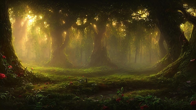 Floresta mágica de conto de fadas de fantasia luz da noite ensolarada através dos galhos das árvores Árvores mágicas em uma área arborizada Neblina ao pôr do sol plantas musgo e grama na floresta ilustração 3d