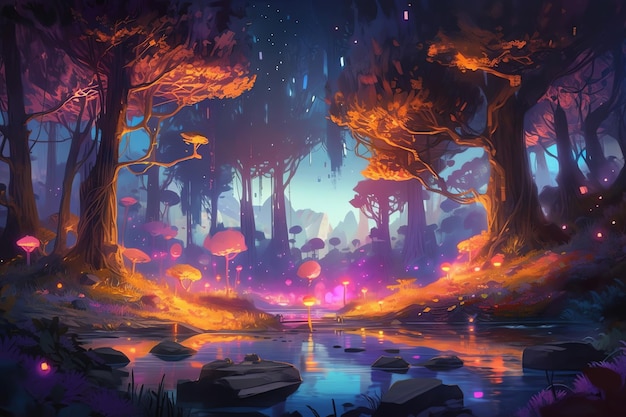 floresta mágica de fantasia e arte conceitual de ilustração de lago