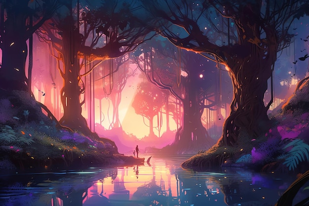 floresta mágica de fantasia e arte conceitual de ilustração de lago