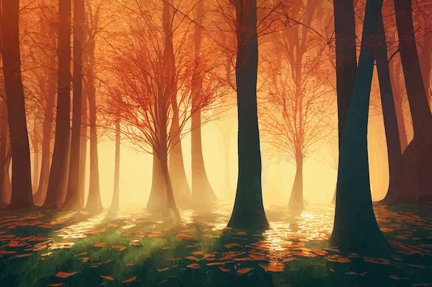 Floresta mágica do outono com raios solares à noite, folhagem alaranjada de luz solar dourada ao pôr do sol Floresta de fadas no outono