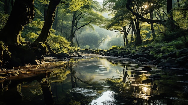 Floresta mágica no nevoeiro e córrego