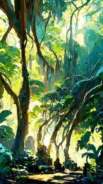 Floresta maia na ilustração 3D da manhã ensolarada