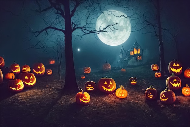 Floresta misteriosa assustadora da noite de Halloween com abóboras brilhantes Jack O' Lanterns ilustração 3D