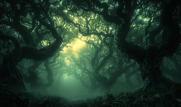 Floresta misteriosa em denso nevoeiro