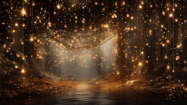 Floresta misteriosa escura com luzes douradas atmosfera mágica coroa de luzes de natal brilhante
