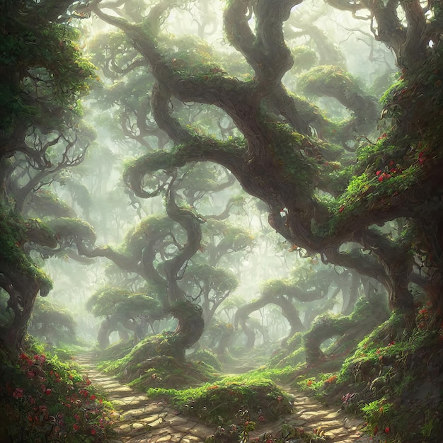 Floresta misteriosa fabulosa de árvores mágicas Raios de sol atravessam folhagens e galhos de árvores Caminho através do matagal da floresta ilustração 3d