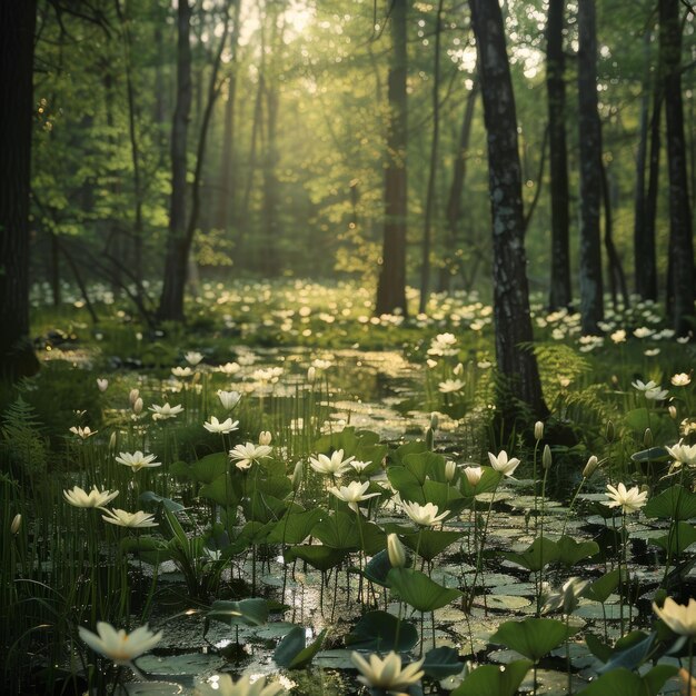 Foto floresta mística de lírios de água brancos