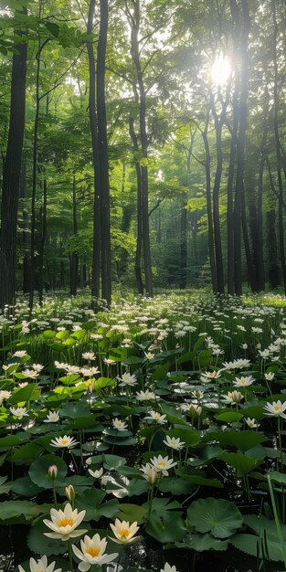 Floresta Mística de Lírios de Água Brancos