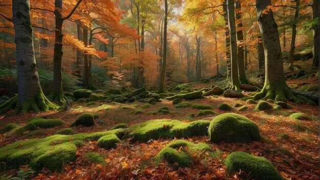Floresta mística em outono vibrante com rochas musgosas