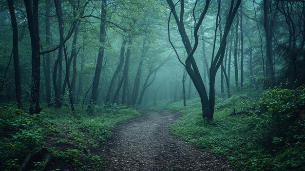 Foto floresta mística escura árvores curvas assustadoras névoa matinal na densa floresta generative ai