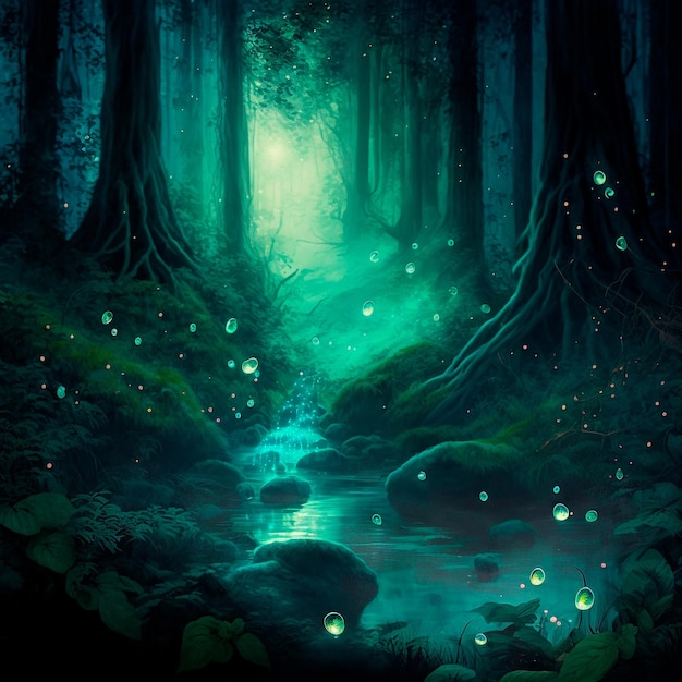 Floresta mística misteriosa iluminada por vaga-lumes