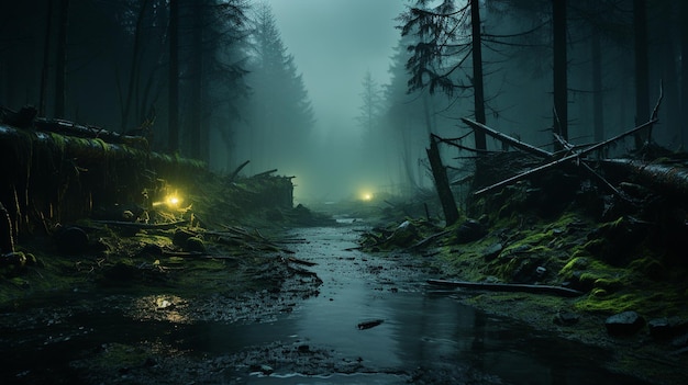 floresta montanhosa e rio com neblina pela manhã