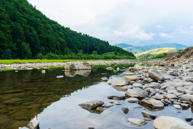 Floresta na colina e rio de montanha com pedras. Vista Kapratian de verão