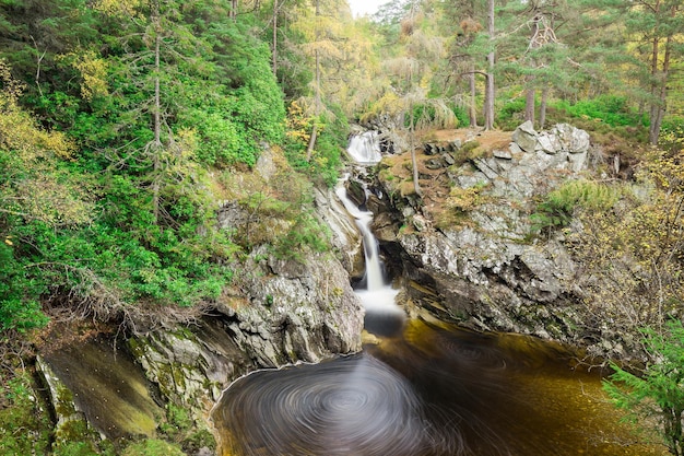 Floresta na Escócia Vista de um pequeno rio na floresta que desce uma encosta íngreme