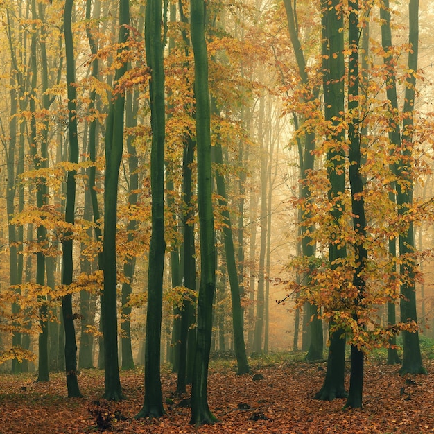 Floresta na paisagem do outono Belo fundo colorido natural com árvores Ambiente natural com mau tempo chuvoso e nebuloso