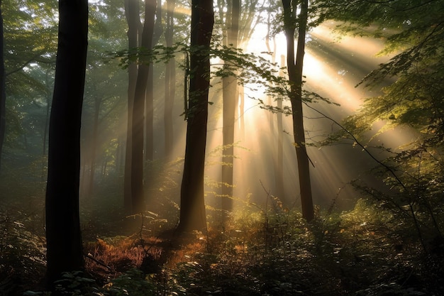 Floresta nebulosa ao amanhecer com raios de sol rompendo a névoa criada com ai generativa