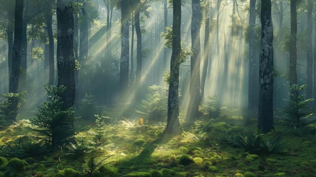 Floresta nebulosa com feixes de luz Representa uma floresta densa envolta em névoa