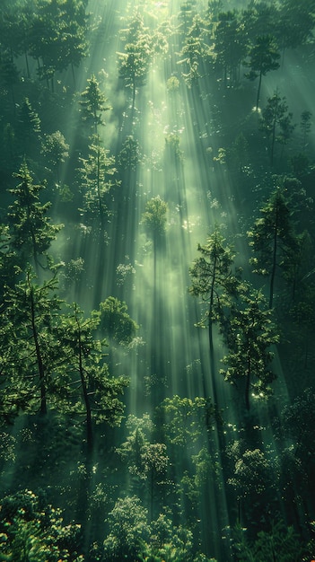 Floresta nebulosa com luz solar filtrando através das árvores Fundo para Instagram Story Banner