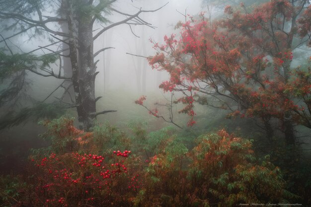 Floresta nebulosa com neblina de árvores altas e bagas vermelhas criadas com IA generativa