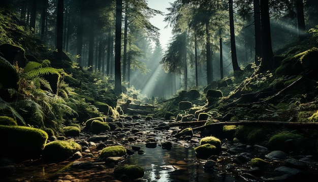 Floresta nebulosa de cena tranquila reflete mistério e tranquilidade gerados pela inteligência artificial