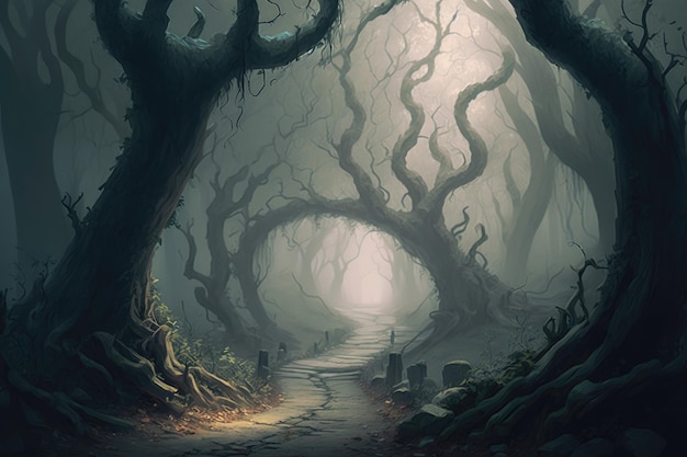 Foto floresta nebulosa e misteriosa com árvores antigas envoltas em nevoeiro e um caminho sinuoso que leva mais fundo