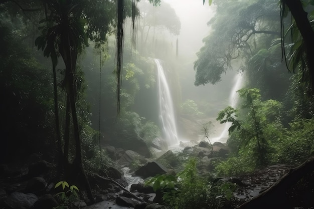 Floresta nebulosa exótica com cachoeira cercada por uma vegetação luxuriante criada com ai generativa