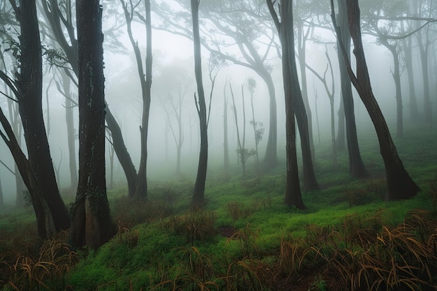 Floresta nebulosa exótica com névoa de árvores imponentes girando em torno do solo criado com generative ai