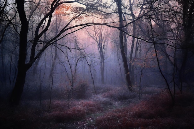 Floresta nebulosa misteriosa ao nascer do sol Paisagem de conto de fadas