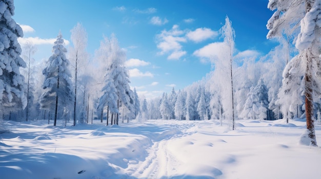 Floresta nevada Árvores altas terra coberta de neve e céu azul