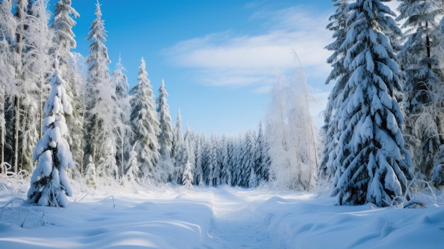 Floresta nevada Árvores altas terra coberta de neve e céu azul