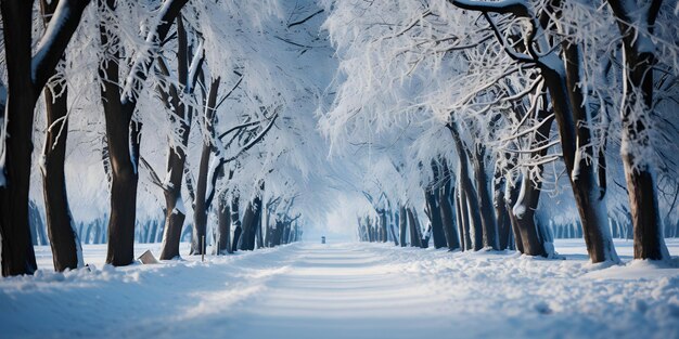 Foto floresta nevada com caminho paisagem de inverno ilustração de conto de fadas